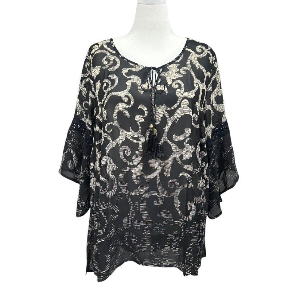 Catherines Sheer Printed Tassel Crochet Accent Blouse Sz 2XWP